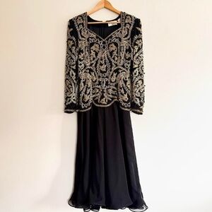 Vintage Black Tie Oleg Cassini gold black beaded long sleeve evening gown dress